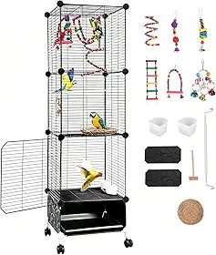 Gaiola Grande para Calopsita Preto,132×37×37cm, com Roda Giratória e Bandeja Sanitária para Pássaros, Ponte Suspensa e Sino, Ninho de Pássaro, Bebedouro, Adequado para aves de pequeno e médio porte