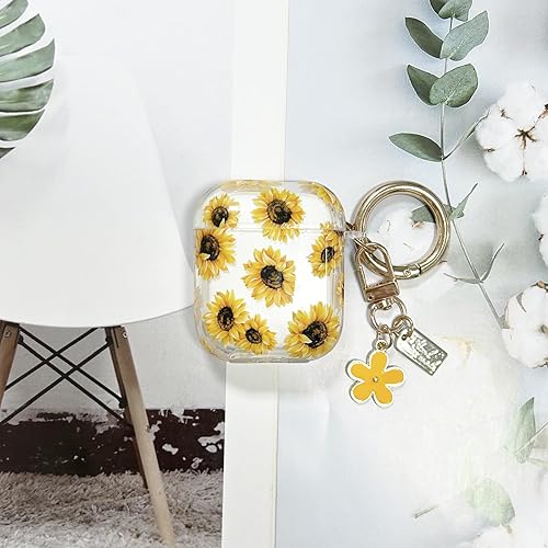 Miniatura 5 de Funda compatible con AirPods, funda de TPU suave con bonito patrón de flores para AirPods de 2 y 1 generación con llavero colgante y mosquetón para