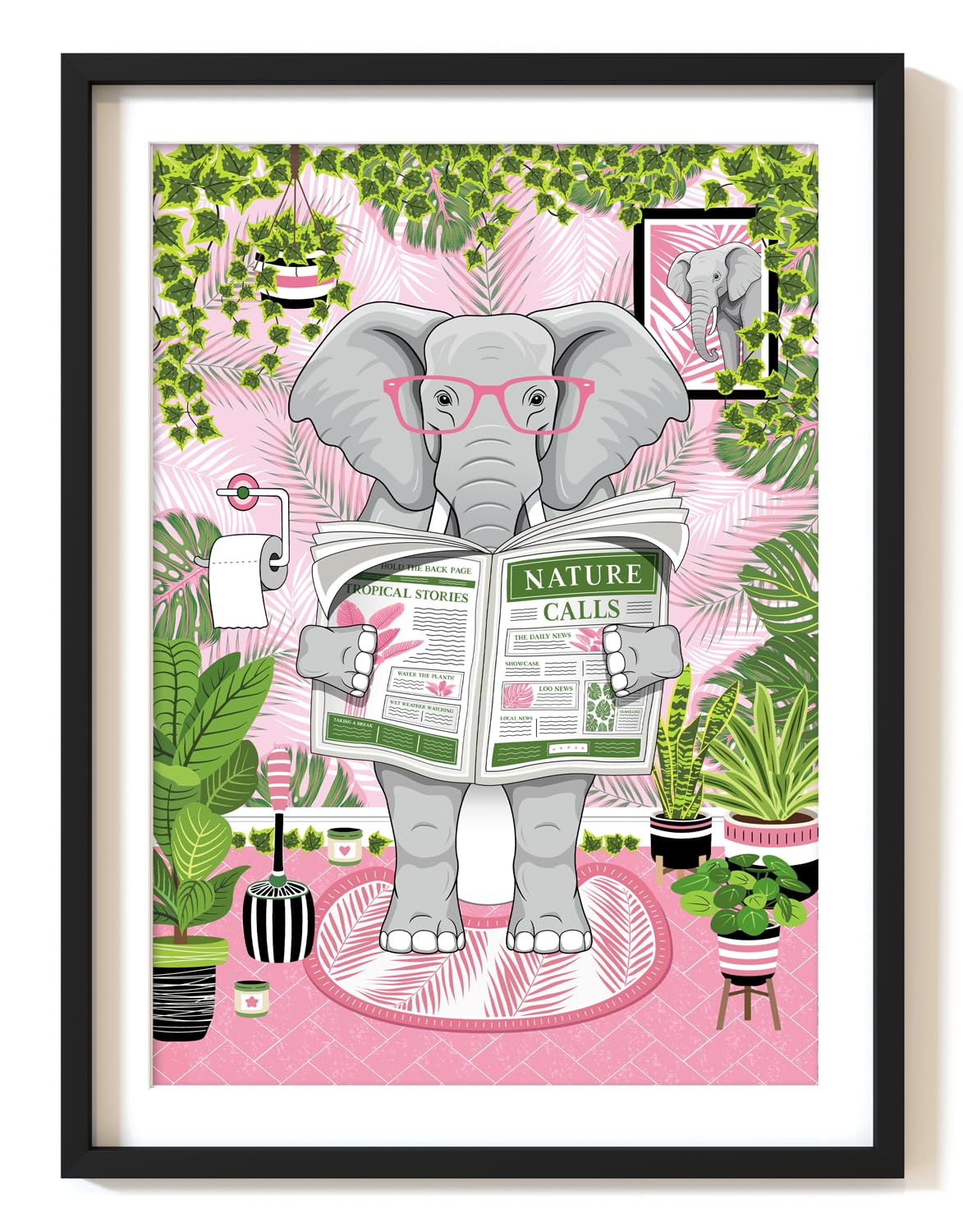 Parmaro Elephant Reading Newpaper Bathroom Print, Elephant Toilet Print, A4 UNFRAMED Print, Animal Bathroom Print, Pink Botanical Print, Tropical Bathroom Decor