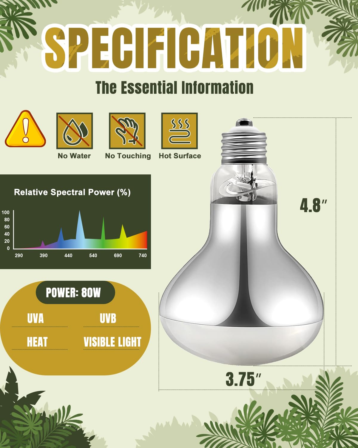 Heat Lamp Bulbs, 80 Watt Reptile Heat Bulb, Full Spectrum UVA UVB Light Bulb, Natural Daylight, Basking Spot, Sun Light for Reptile and Amphibian 1 Pack - image 4