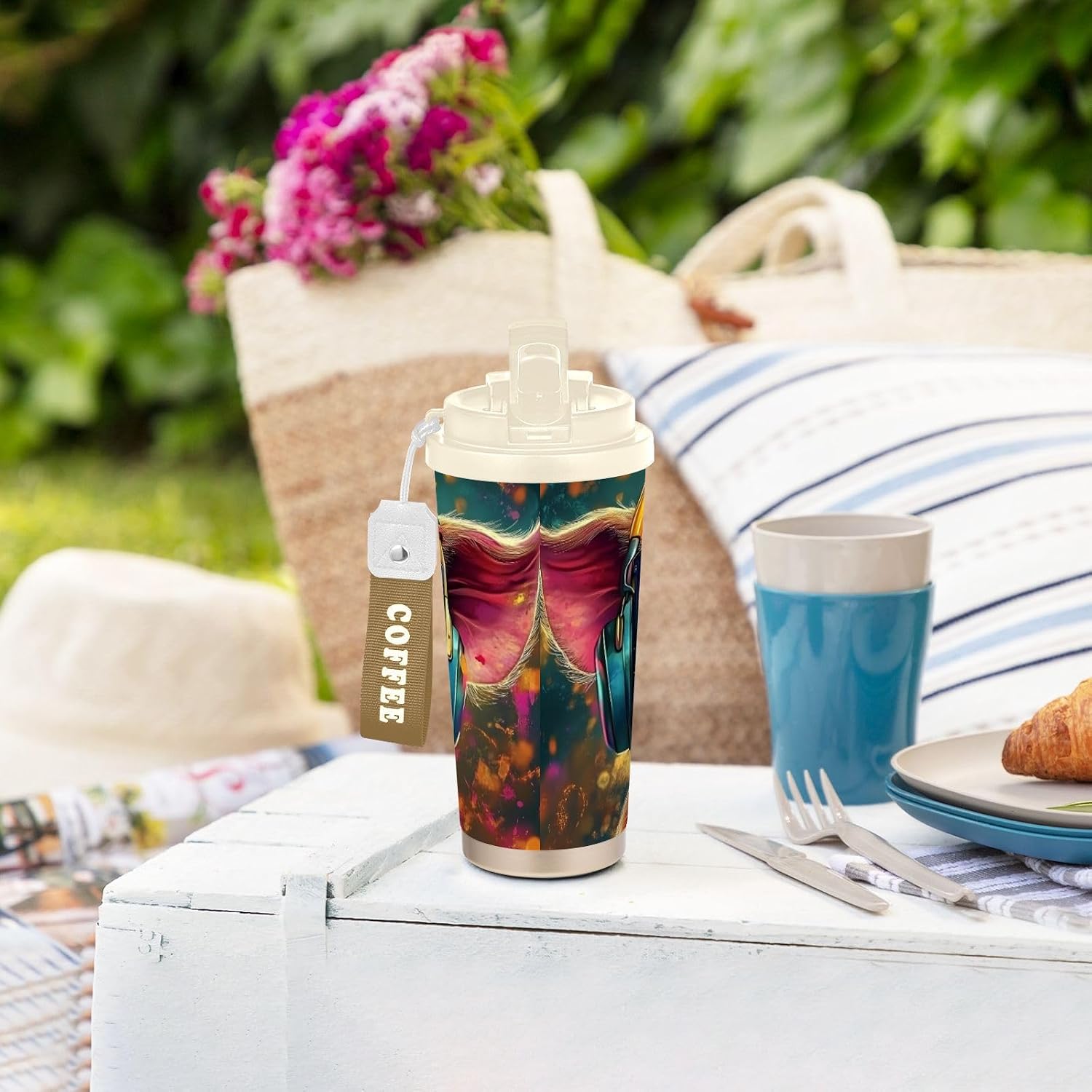 Insulated Coffee Mug Pig Cool Art with Straw & Flip Lid, 16.9oz Iced Tumbler Cup, Double Wall Vacuum Mug for Travel Office Camping