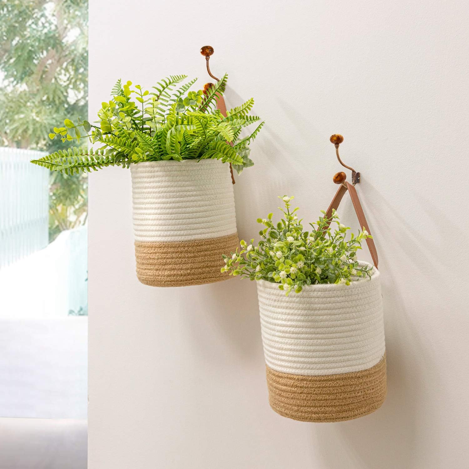 Goodpick 2pack Jute Rope Hanging Basket - Small Woven Fern Wall Hanging Baskets Flower Plants, Woven Basket Key Storage Baskets, White and Jute 7.87 x 7 x 11.7 inches