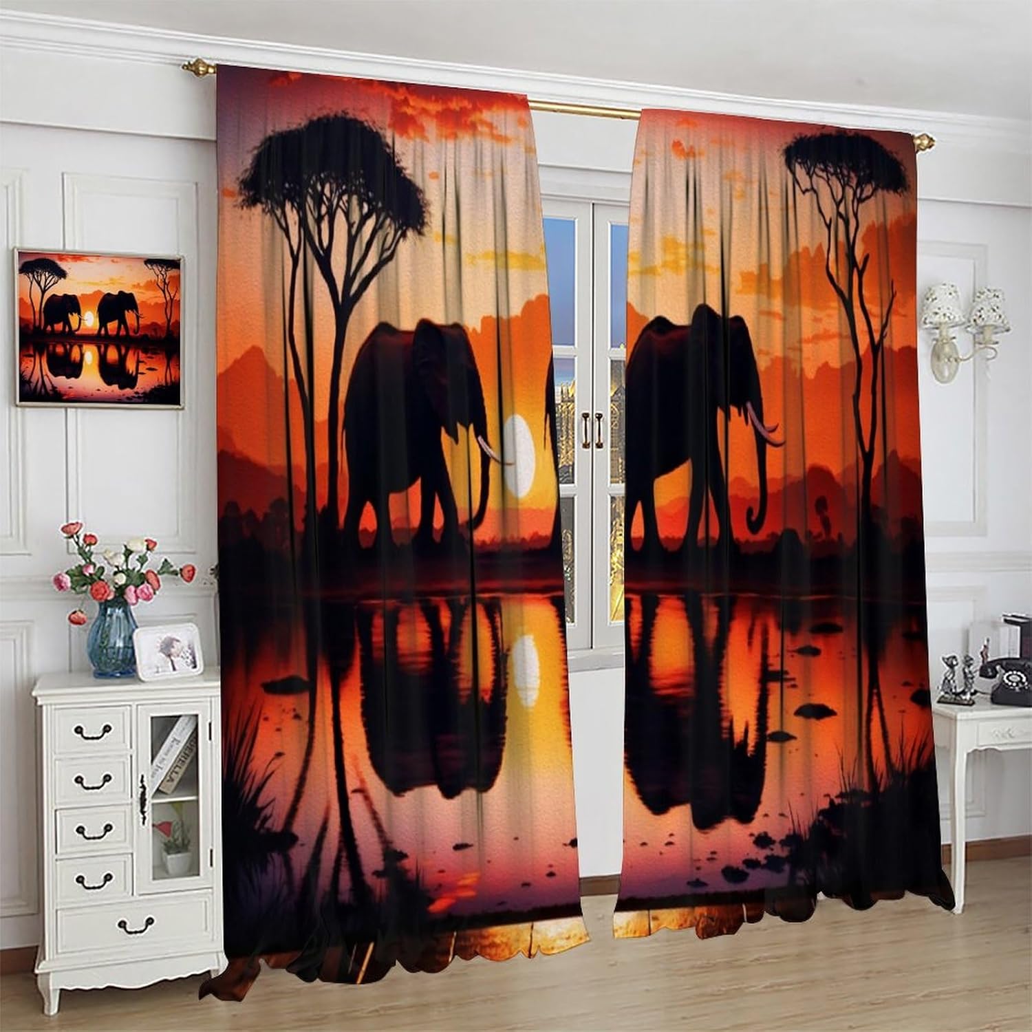 African Elephant Blackout Window Curtains Couple of Elephants in The Landscape on Blurry Sunset Style Print Drapes for Home Kitchen Restaurant Decoration Window Curtain 2Panel 42" W X 45" L