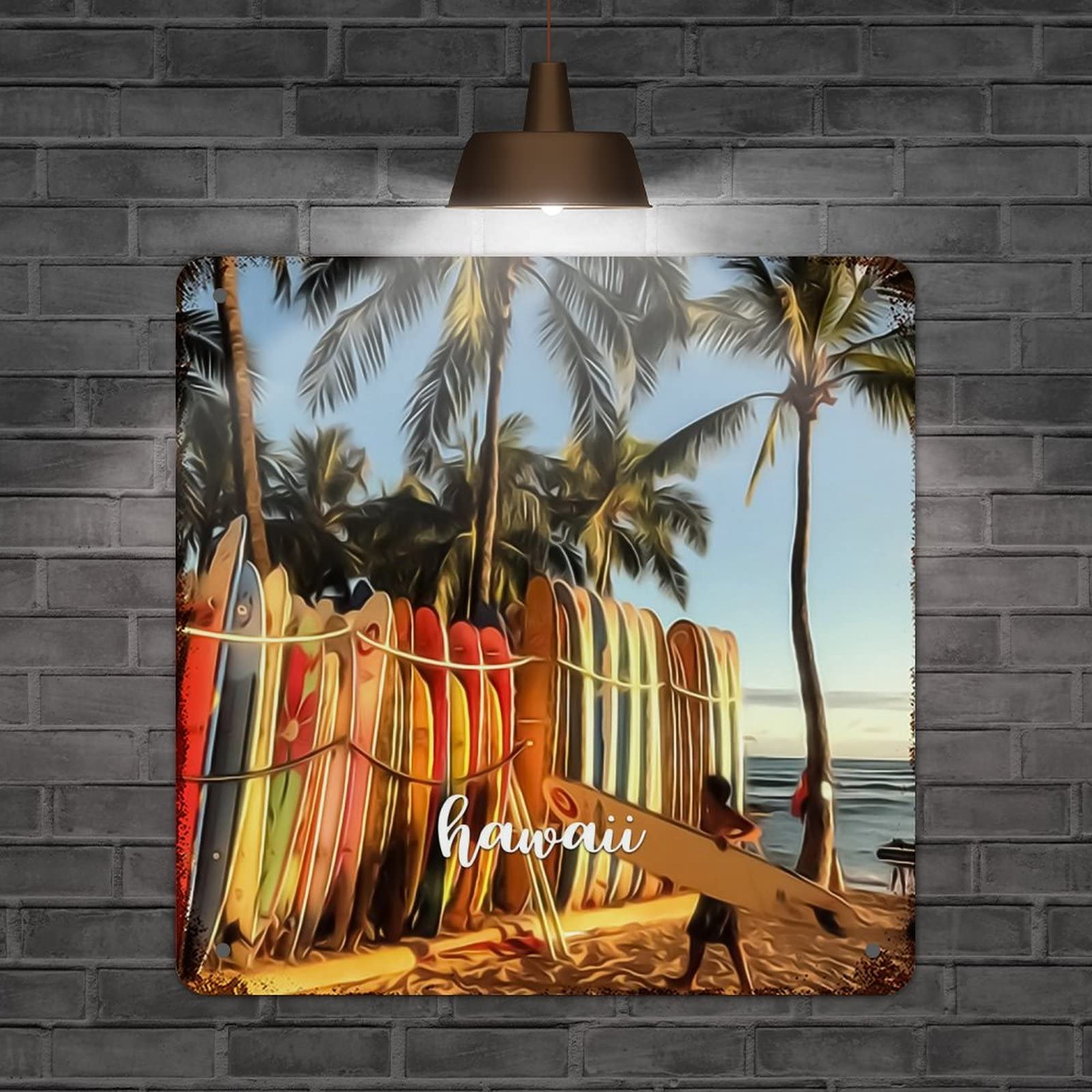 Plaque rétro en métal de paysage hawaïen, format carré 38x38 cm pour votre déco