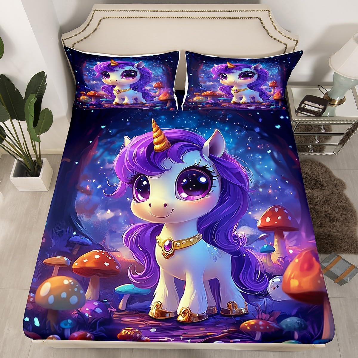 Erosebridal Pink Blue Unicorn Bed Sheets Full Size Kawaii Rainbow Unicorn Fitted Sheet Cute Princess Bowknot Sheets Dreamy Fairy Tales Bedding Set Yellow Stars 3Pcs Breathable Decor