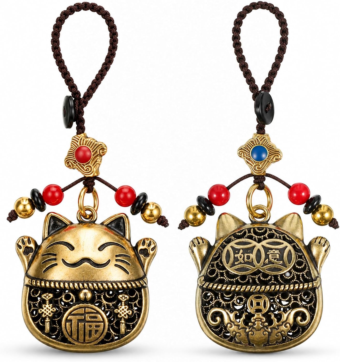 Lucky Cat Keychain with Feng Shui Coins Brass Maneki Neko Good Luck Charms
