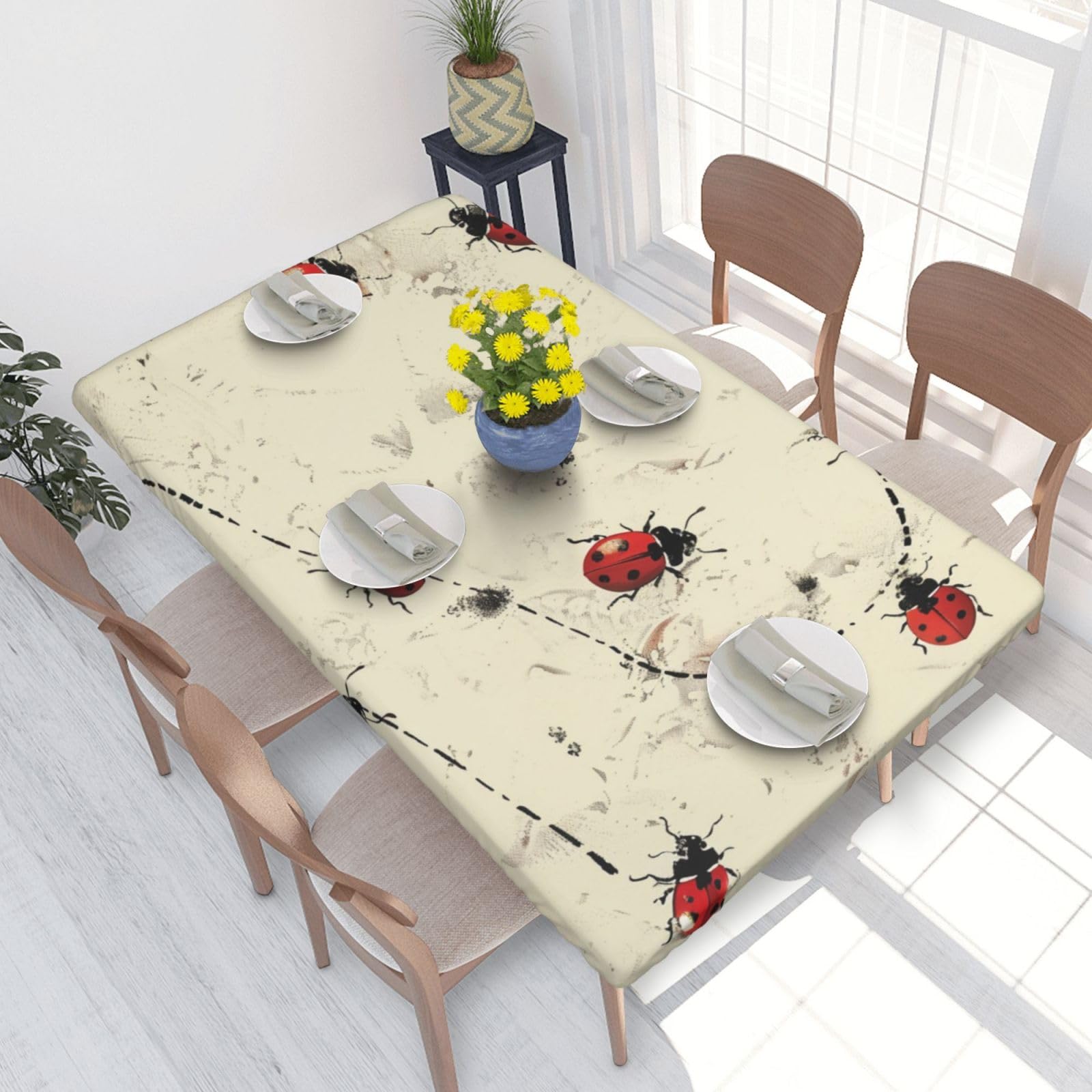 WPKJU Art Ladybug Tracks Print Printed Tablecloths 4ft Rectangular Table Covers Washable Polyester Decorative Table Cloth for Dining Table Picnic Wedding