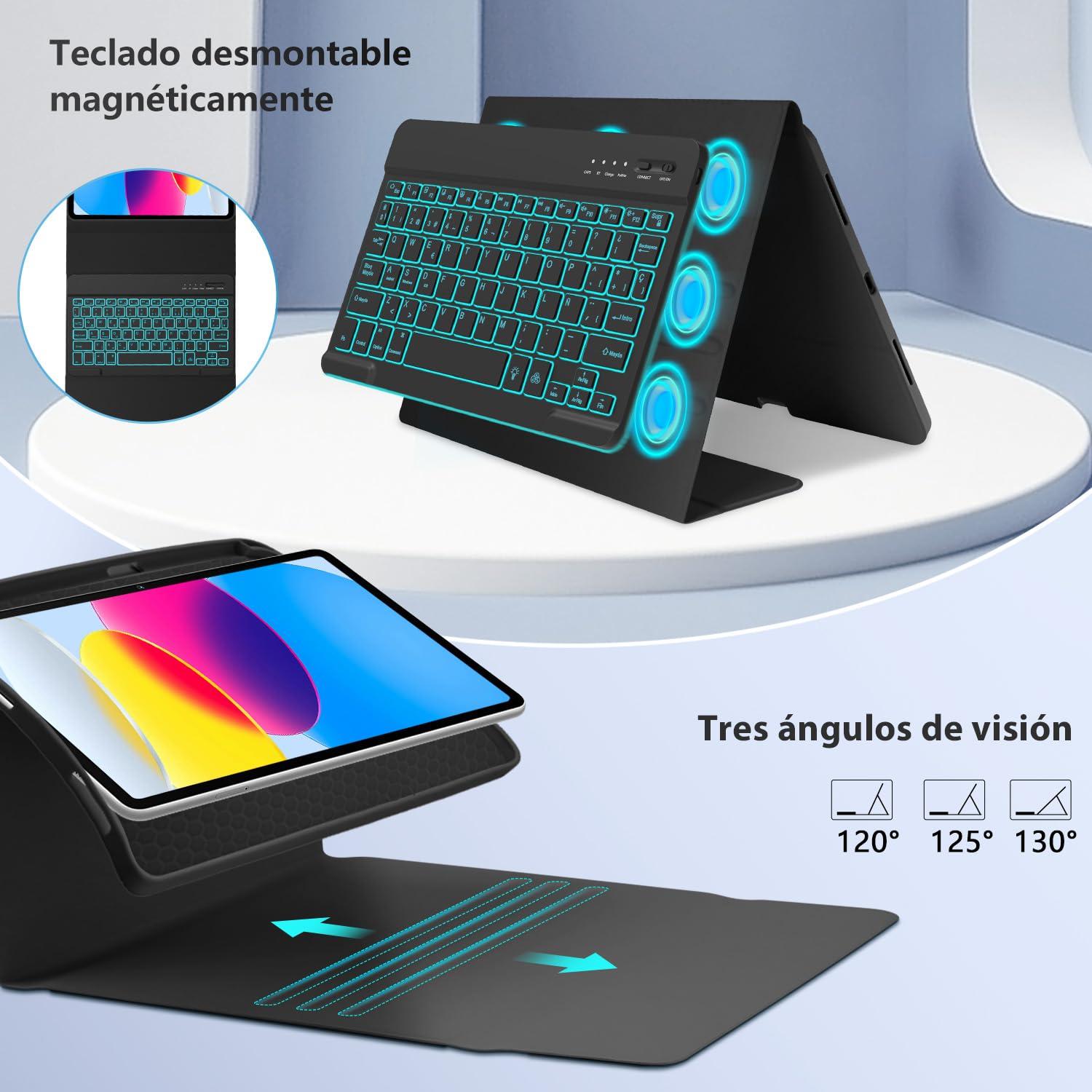 aMZCaSE para iPad A16 10/11th Generation Funda con Teclado 11/10.9 Inch(2025/2022),Funda con Retroiluminado de 7 Colores con Teclado Inalámbrico Desmontable con Soporte para Bolígrafo (Negro)