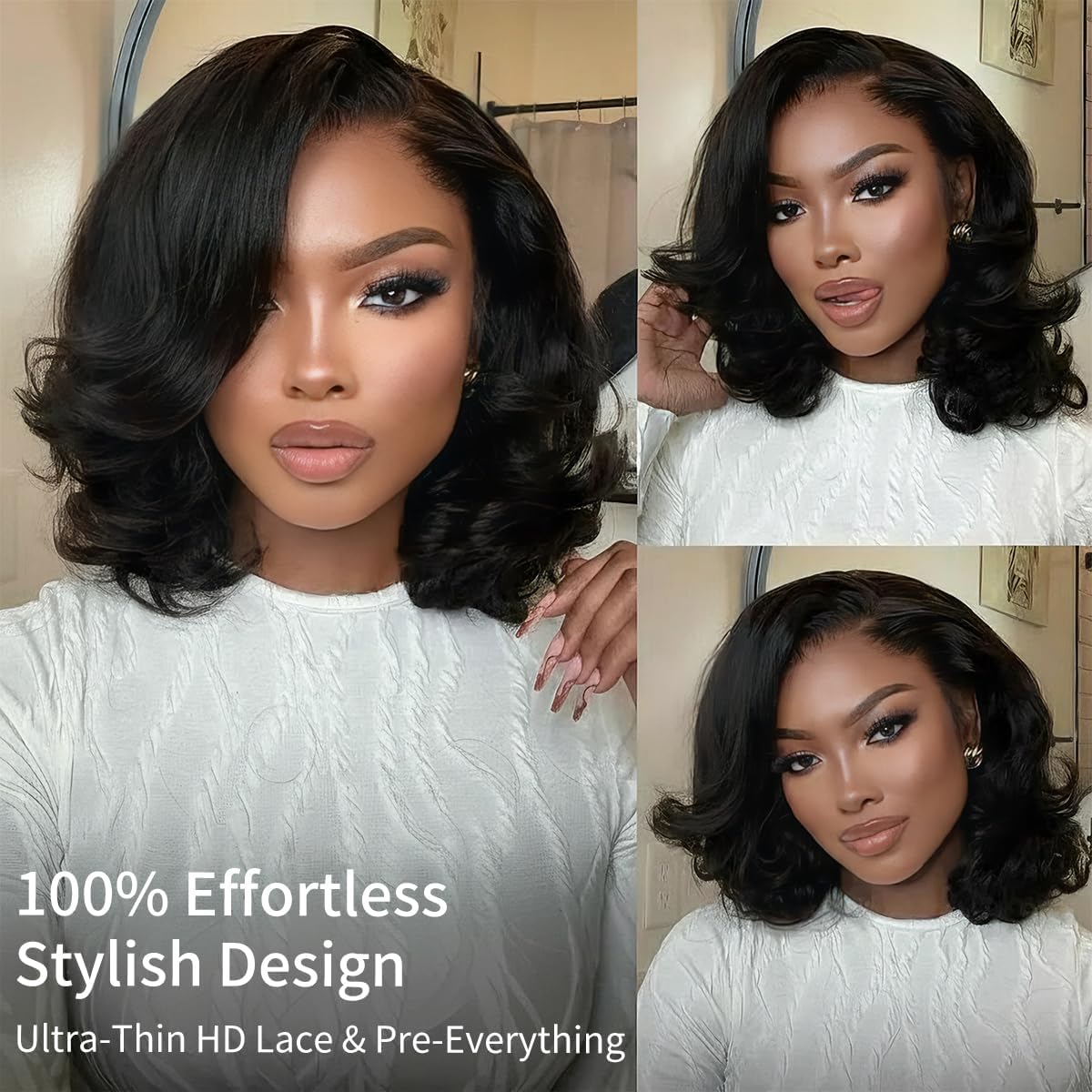 SUPERNOVA Put On And Go Body Wave Short Bob Wig Human Hair 7x4 Lace Front Glueless Wigs Human Hair Pre Plucked Pre Cut Glueless Wear And Go Loose Body Wavy Bob Wig For Black Women 200 Density 14inch