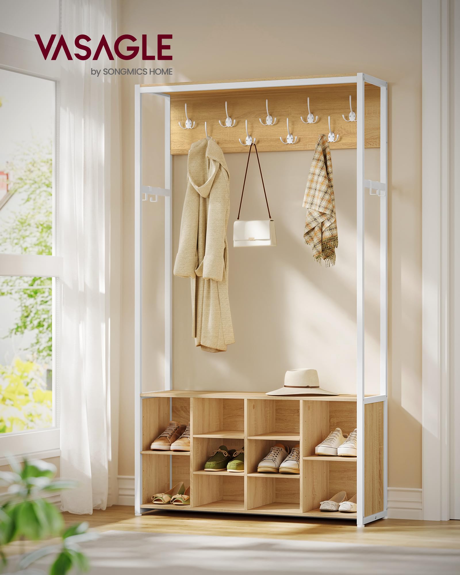 VASAGLE Kleiderständer, Garderobe, Eingangsmöbel mit Schuhregal, offene Fächer, Kleiderhaken, verstellbare Ablagen, modern, für Flur, Eingangsbereich, eichenfarben-weiß HSR432YA01