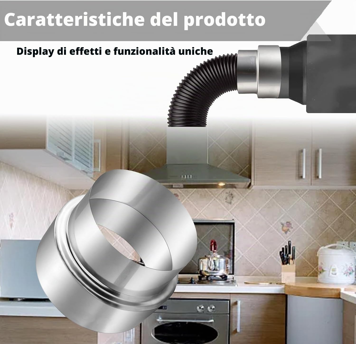 Riduzione canna fumaria 120 mm a 100 mm Tubo Stufa Riduttore Acciaio Inox Soffiato Scarico con 2 fascette