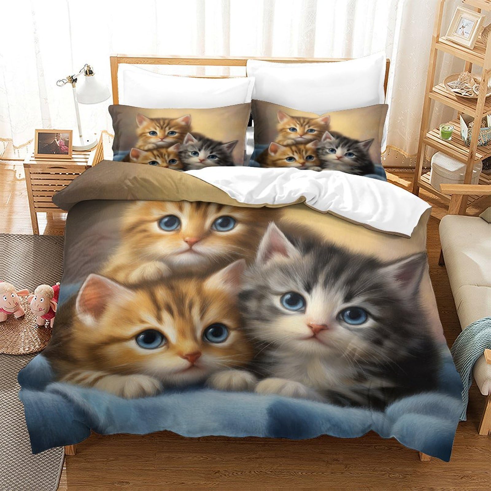 Nettes Kätzchens 3-teiliges Reines Polyester Digitale Malerei Stil Bettbezug, Versteckter Reißverschluss, Krippenbettwäsche, Babysicher & Pflegeleicht King（220x240cm）