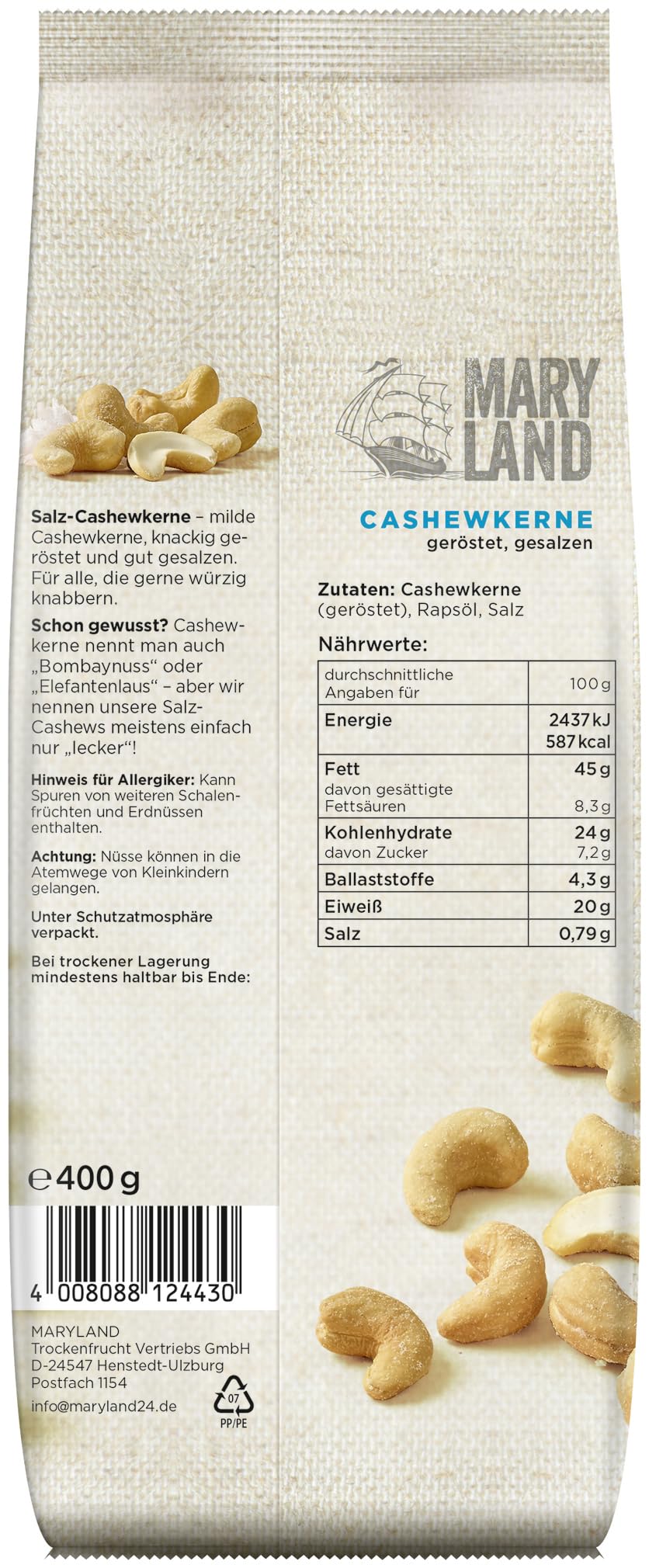 Maryland Salz-Cashews 400g Beutel 5er Pack – Cashewkerne gesalzen vegan, frei von künstlichen Aromen, – Im praktischen Großformat genießen (5 x 400g)