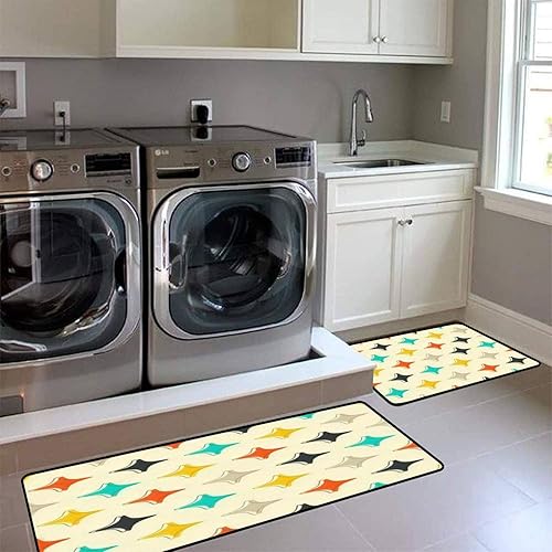 Miniatura 2 de Juego de alfombras de cocina retro estilo bohemio de mediados de siglo cincuenta, diseño moderno de estrellas atómicas y colores para piso,