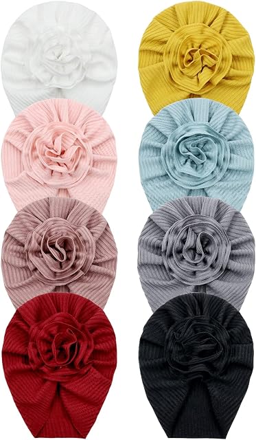 Cinaci 8 Pack Solid Hospital Turban Hats with Flower Floral Nursery Caps Beanies Bonnets for Baby Girls Toddlers Infants