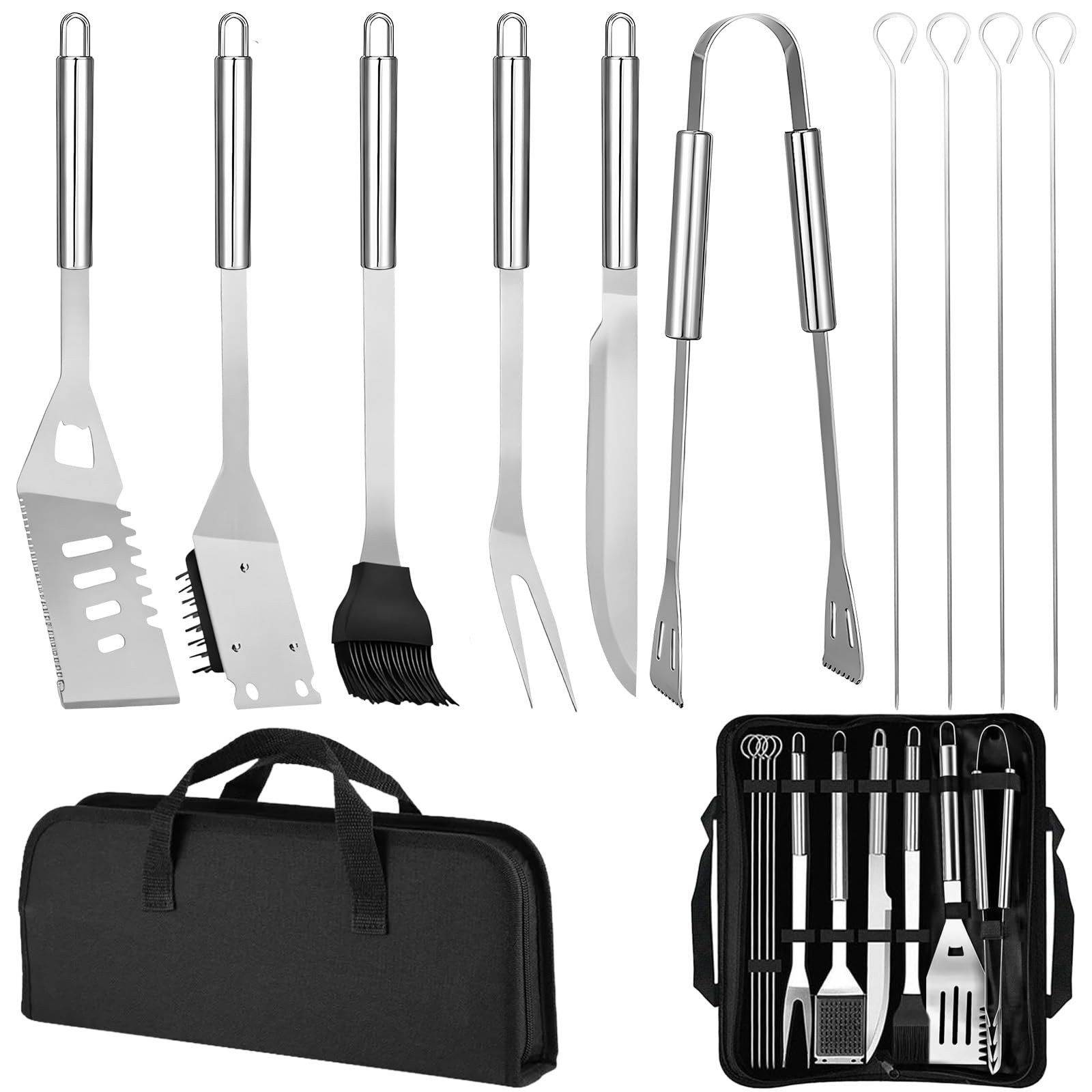 11Pcs Kit Barbacoa Acero Inoxidable Profesional Incluye Maletín, Set Herramientas Accesorios Parrilla Carbón Portátil, Utensilios BBQ Duraderas para Regalo Hombre, Barbecue Camping, Picnic Exteriores