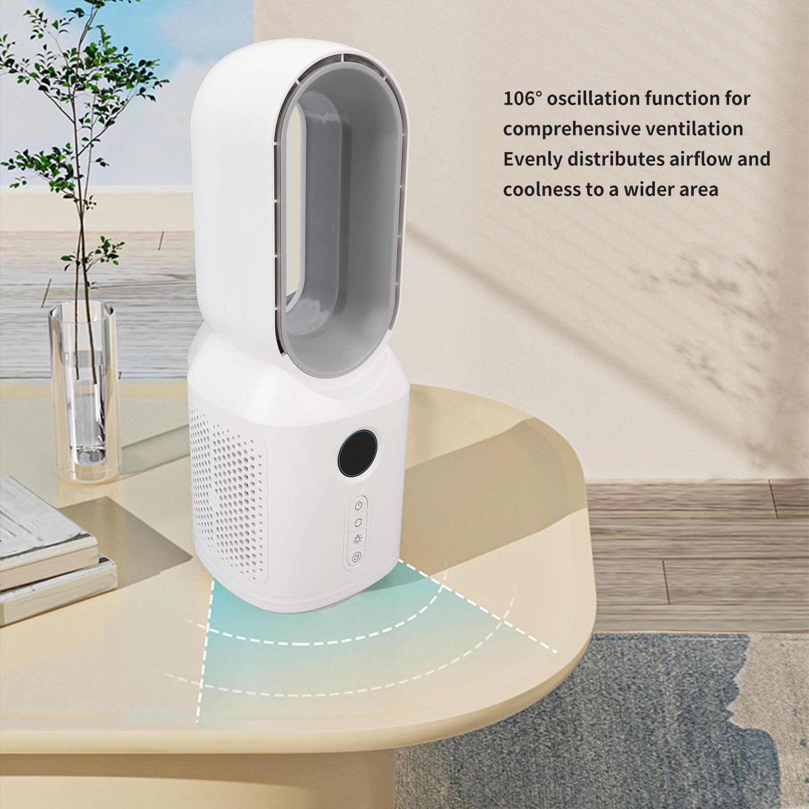 Srliya Desktop-Lüfter ohne Flügel, 3 Geschwindigkeitsstufen, Wind 106 Grad, Oszillierender, Wiederaufladbarer Schreibtischventilator mit LED-Nachtlicht für den Sommergebrauch