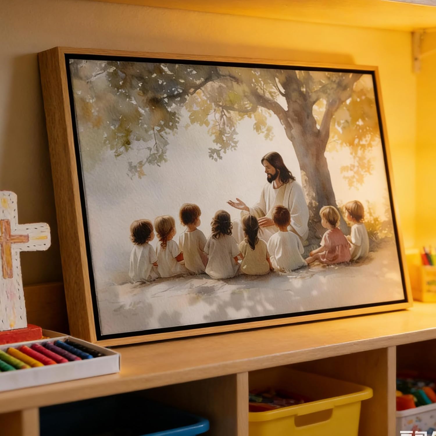 Framed Jesus With Children Canvas Wall Art Christian Kids Room Painting Picture Wall Decor Jesus Teaching Children Poster Print Artwork for Child Room Bedroom Classroom Home Decoration 12inx16in