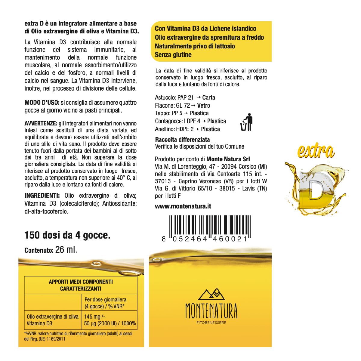 Extra D Vitamina D3 2000UI Gocce Olio EVO Italiano - Integratore Vegano Lichene Islandico - Ossa e Sistema Immunitario - Alto Assorbimento - 5 Mesi di Fornitura - 100% Naturale No Glutine
