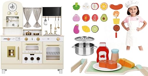 Juego de cocina blanco de madera para niños con altura ajustable + juguetes de cortar alimentos - Juego de juego de simulación 3 en 1 para edades de