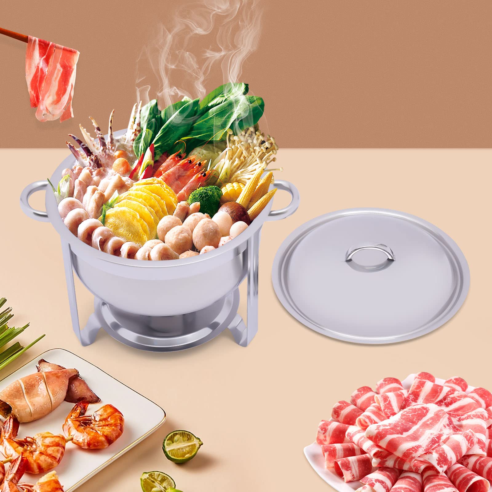 Acero inoxidable Chafing Dish, calentador de alimentos de 5,2 Qt, recipiente de calor redondo de acero inoxidable, juego de buffet para actividades al aire libre, para celebraciones, fiestas