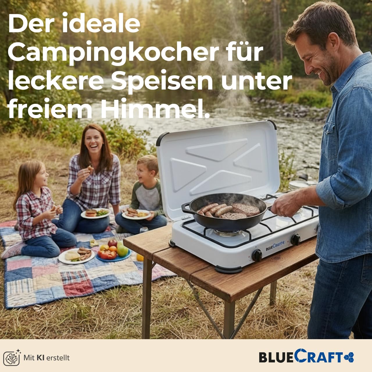 Bluecraft Campingkocher 3 flammig 5,25kW mit Schlauch, Regler & Manometer | Gaskocher, Druckanzeige, Regler & Gasschlauch für Gasflaschen, für Camping, Outdoor, Notfall, Garten & Freizeit, Wohnmobil