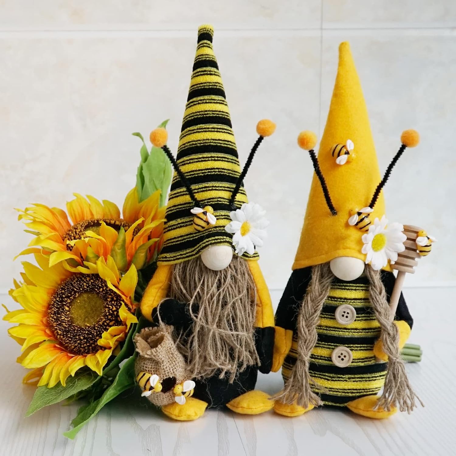 Bumble Bee Gnome Plush, Spring Honeybee Decor, Mr and Mrs Gnomes Plush Tomte Elf World Bee Day Figurine for Rustic Farmhouse Tiered Tray - Image 6
