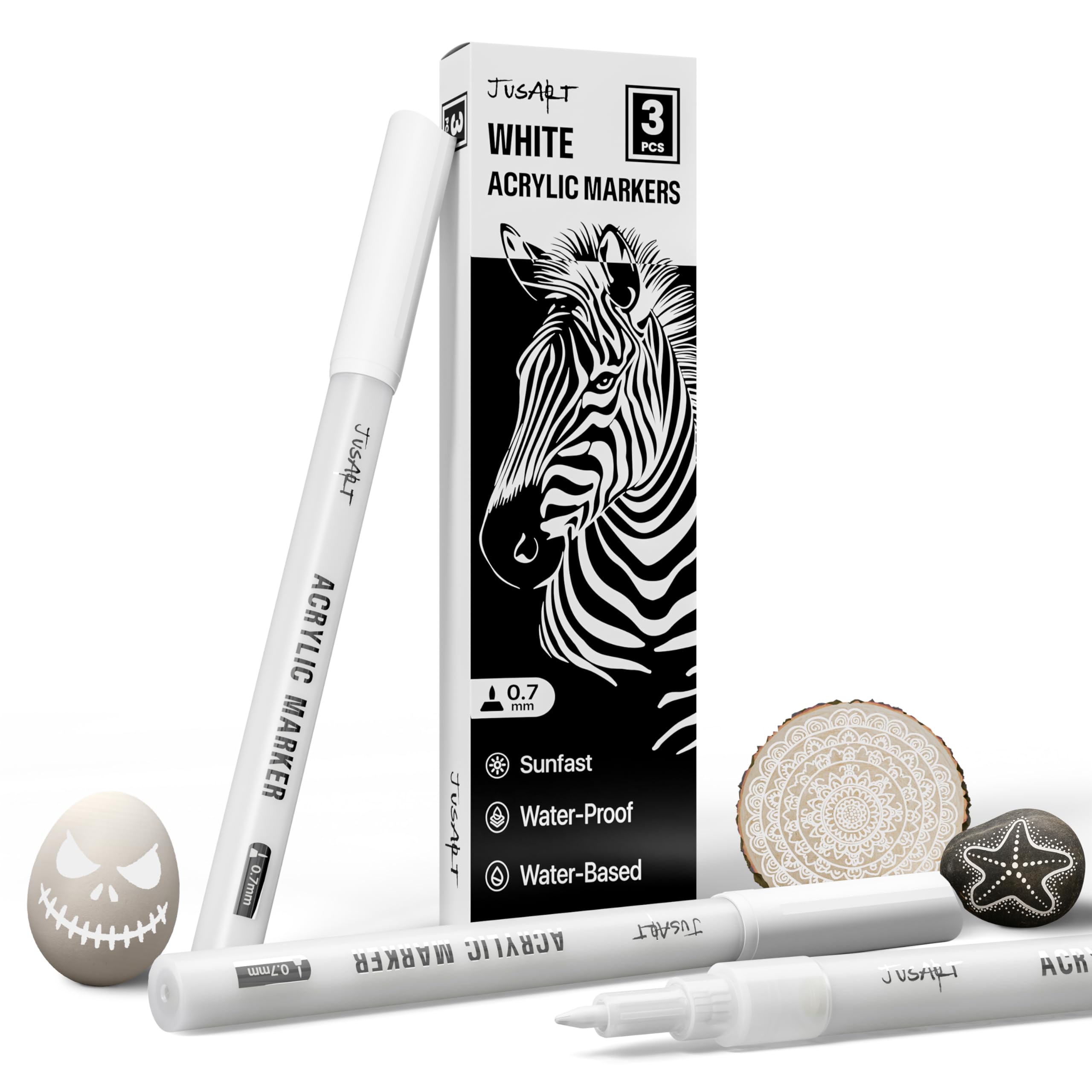 JusArt 3 Pack White Acrylic Markers, 0.7mm Fine Point Acrylic Paint Pens for Rock Painting, Art Projects, Ceramic, Glass, Wood, Metal, Fabric, DIY, Ideal White Permanent Marker for Art Supplies