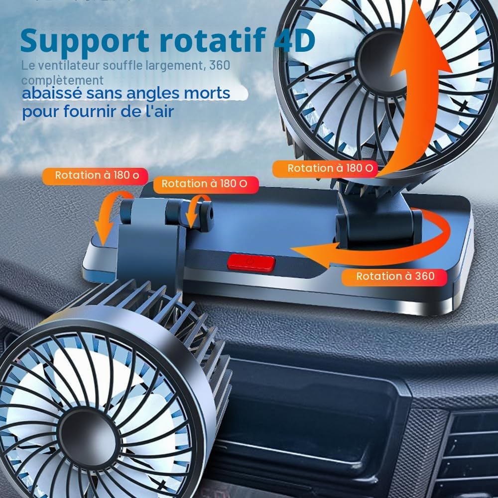 Ventilateur USB 5V à Double Tête Pour Voiture, SUV, RV, Camion, Van - Refroidissement Avec Appuie-Tête Rotatif à 360°