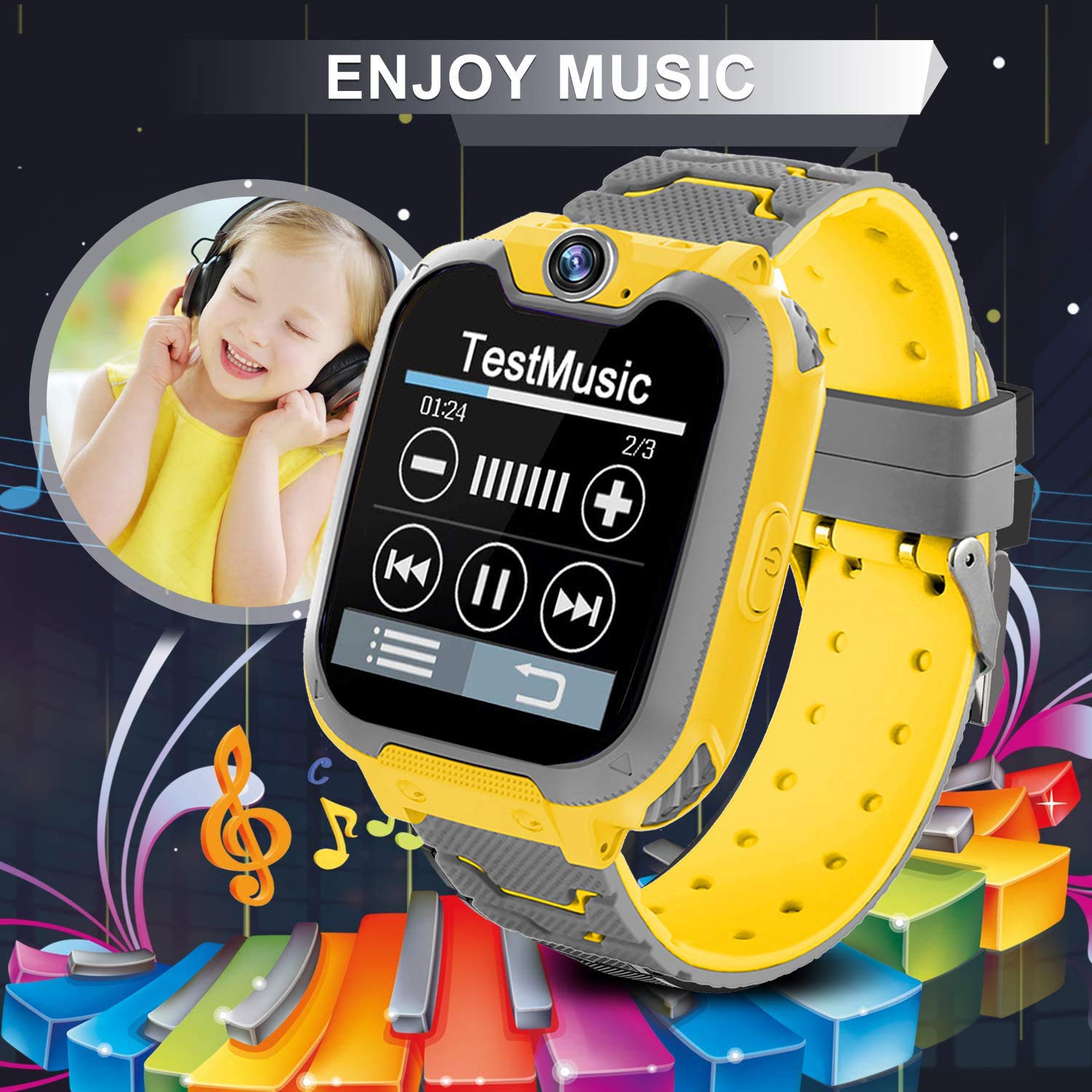 PTHTECHUS® Smartwatch für Kinder- Uhr Telefon für Mädchen Jungen mit Anruffunktion SOS Musik Playe Spiel Kamera Taschenlampen Wecker-Kids Smart Watch Student Telefonieren Geburtstag Geschenk Gelb