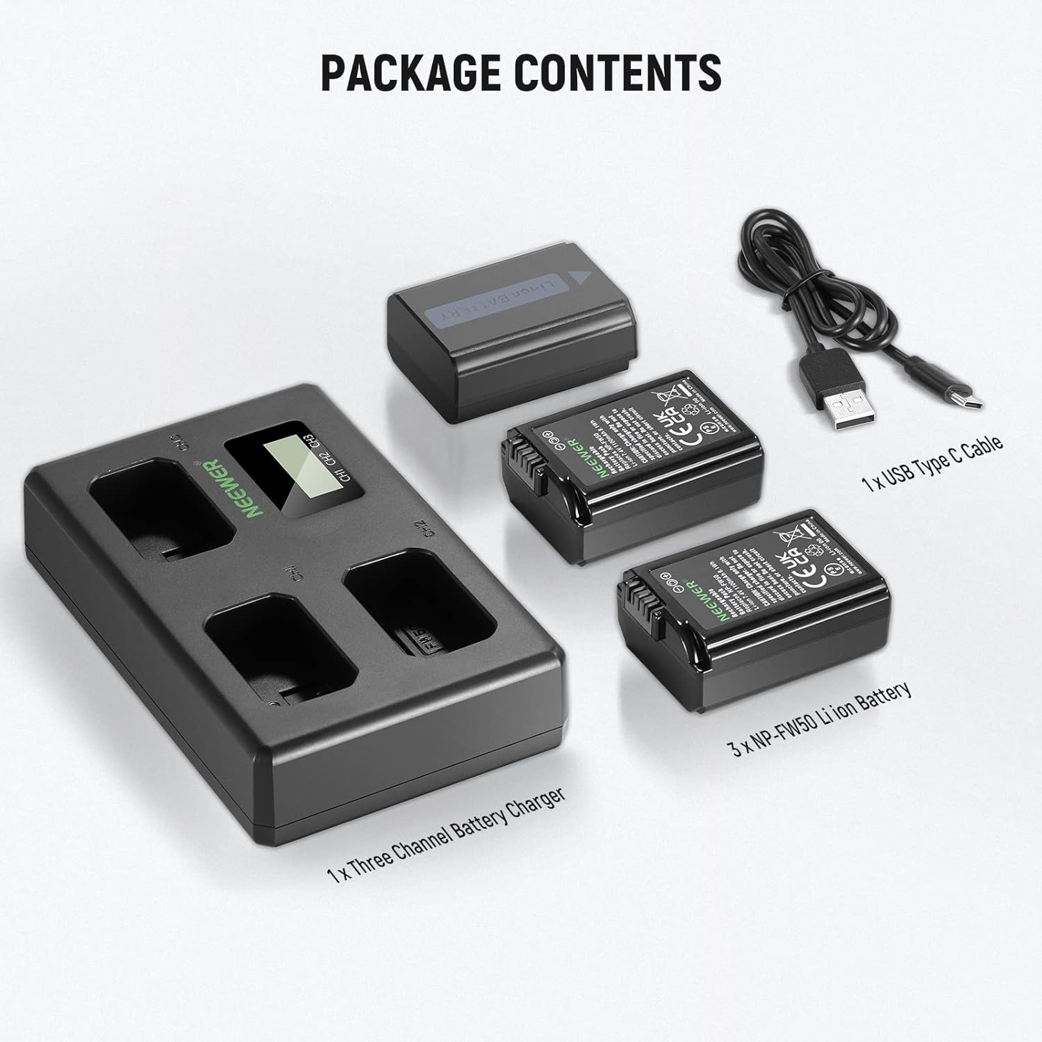 NEEWER Replacement Battery and Charger Set for NP-FW50, 3 Pack 1100mAh Batteries and Triple Slot USB Charger Compatible with Sony ZV-E10 A7 A7R A7RII A7II A7SII A7S A7RII A6300 A6400 A6500 RX10