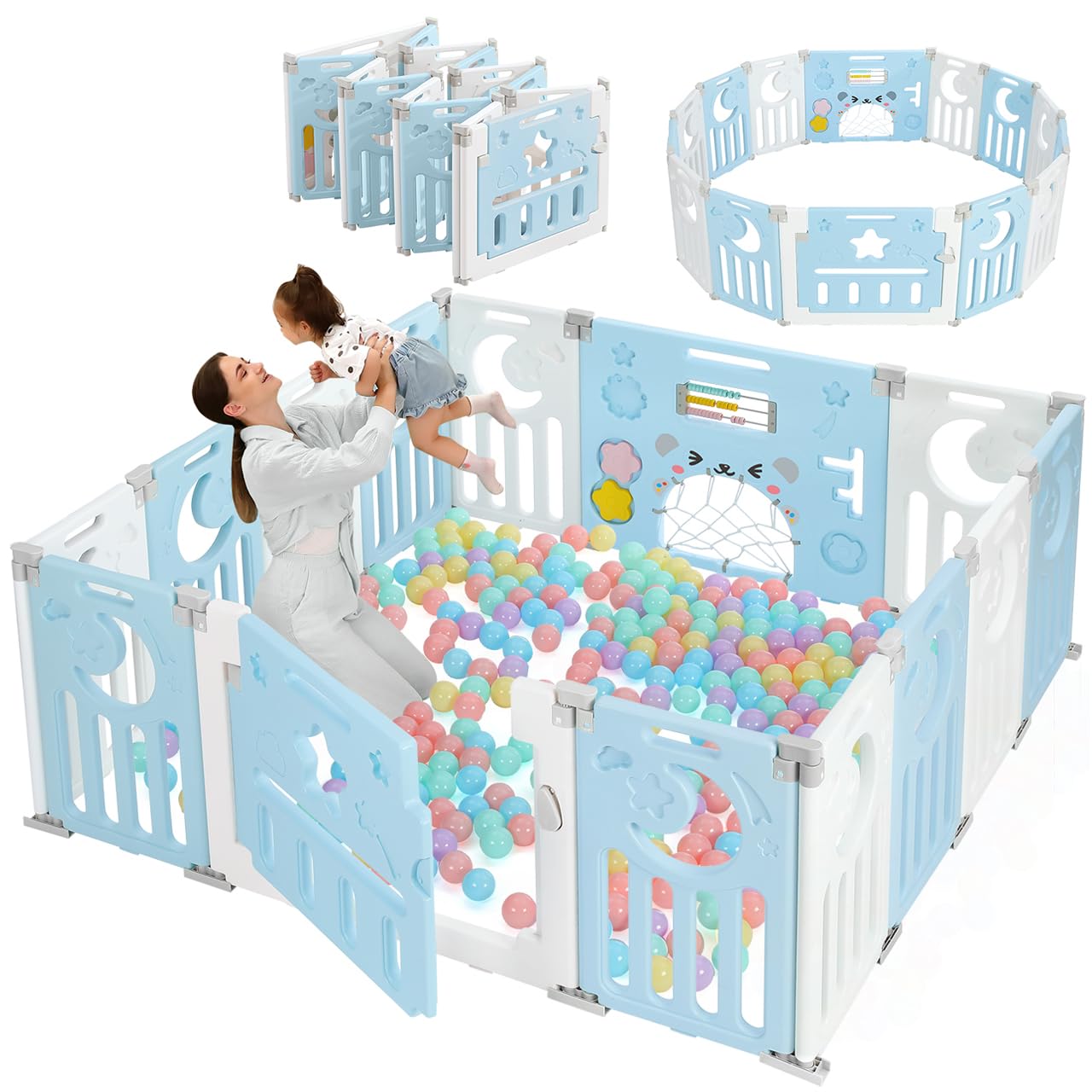 Baby Playpen, Dripex Baby Playard for Babies and Toddlers, 14-Panel Foldable Playpen Adjustable Portable Play Area, Indoor/Outdoor Kids Active Center with Game Panel & Safety Gate, Blue White