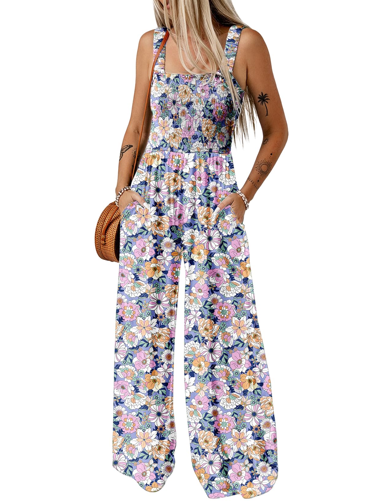 DokotooWomen's Casual Loose Overalls Jumpsuits One Piece Sleeveless Printed Wide Leg Long Pant Rompers With Pockets