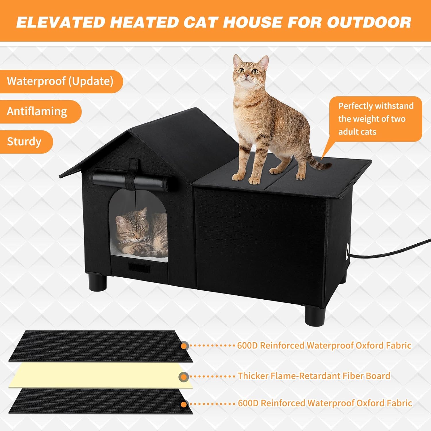 Large Heated Cat House Outdoor, Elevated Insulated Weatherproof Cat House Heated, Detachable & Double Entrances and Exits, Feral Cats Shelter with Thermostatic Heating Pad, Easy to Clean for Cats