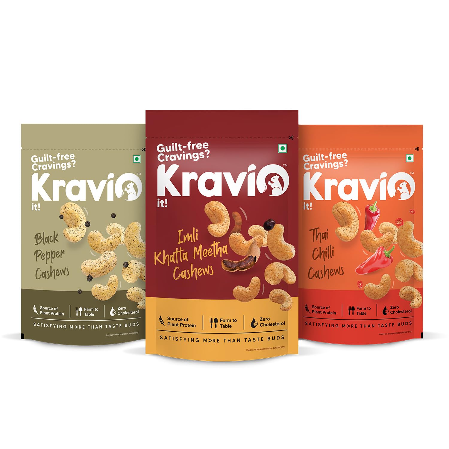 Kravio Premium Thai Chilli, Imli Khatta Meetha & Black Pepper Roasted Cashew Nuts (3 X 200g) | Zero Cholesterol Natural Jumbo Size Whole Kaju Nuts & Dry Fruits | Crunchy Delicious Healthy Snacks
