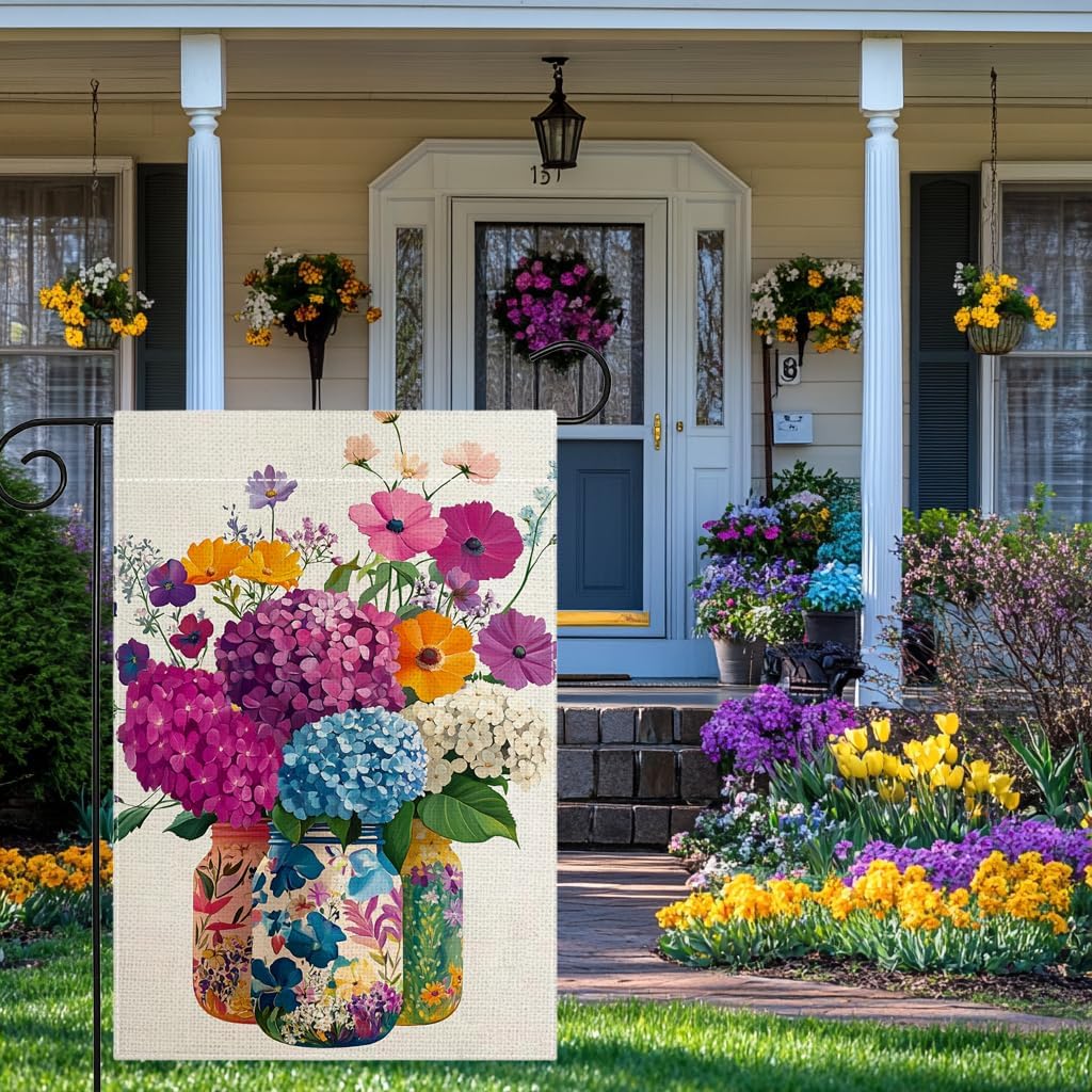 Spring Summer Colorful Floral Mason Jar Garden Flag 12x18 Inch Double Sided Hydrangea Flower Yard Outdoor Flag House Holiday Outside Decoration - Image 3