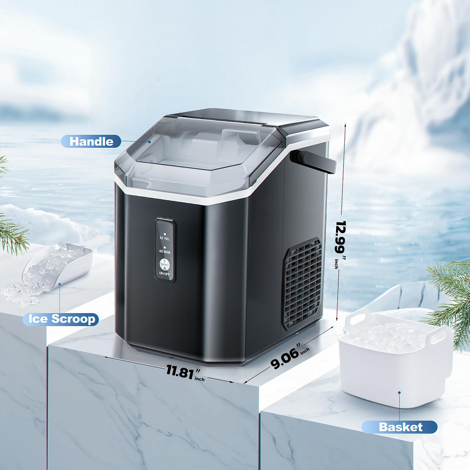 Xbeauty Nugget Ice Maker Countertop Up to 35lbs of Ice a Day with Self-Cleaning,Stainless Steel,Removable Ice Basket&Scoop for Home/Kitchen/Office/Party,with Handle on Fridge.com