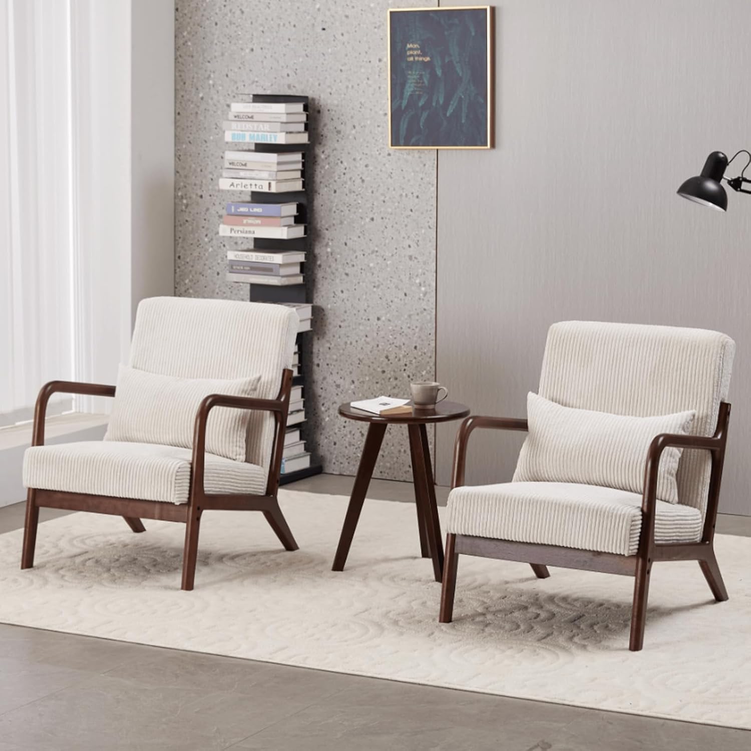Mid-Century Modern Solid Wood Accent Chair and Coffee Table Set, Ergonomic Upholstered Reading Chair & Table for Home Offiice, Living Room, Bedroom, Relaxation Area (Brown + Beige)