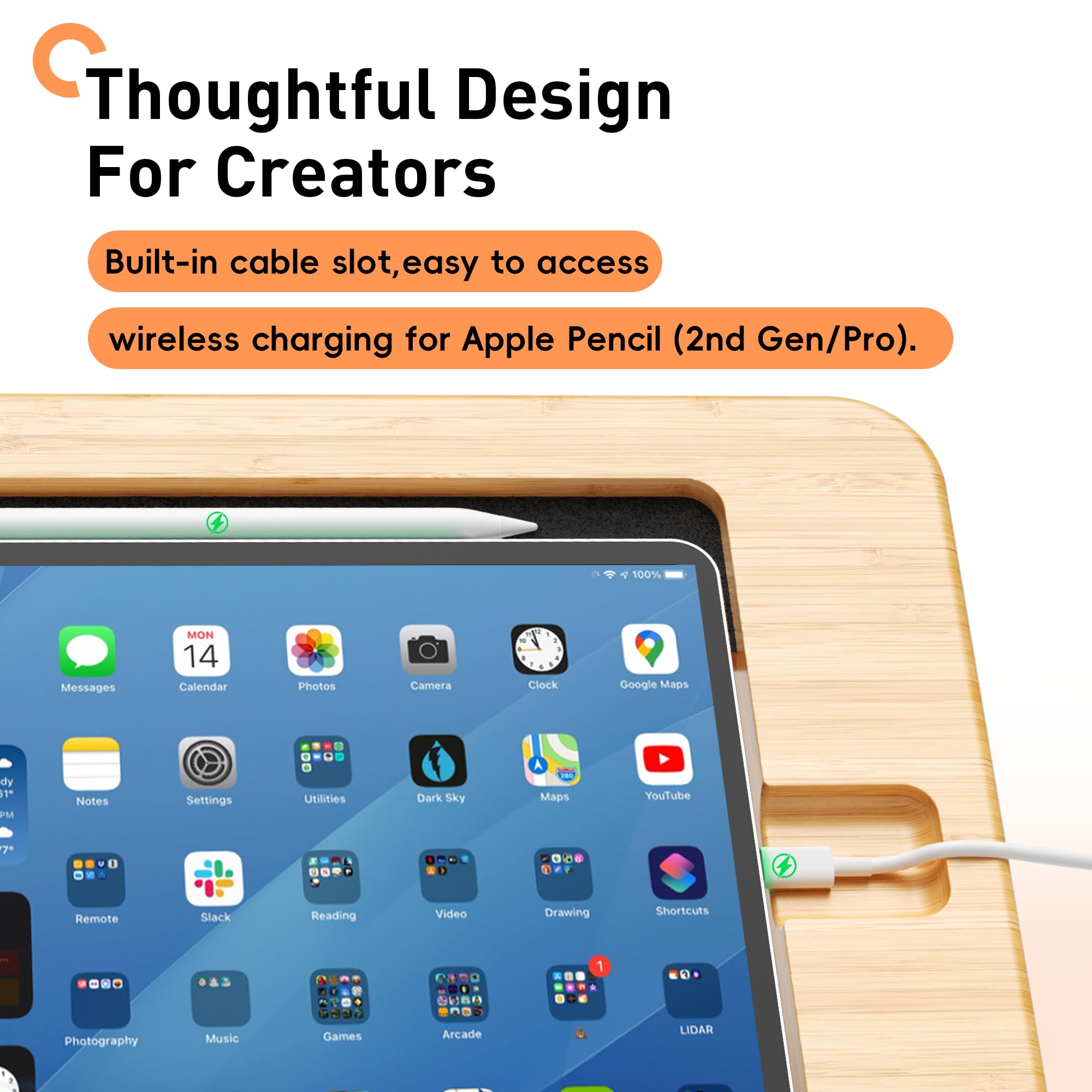ELETIUO Support de tablette en bambou avec crayon de chargement sans fil pour appareils de 9,7 à 13", support réglable multi-angle pour dessin, compatible avec iPad Air/Mini et iPad Pro 10,5/11/12,9