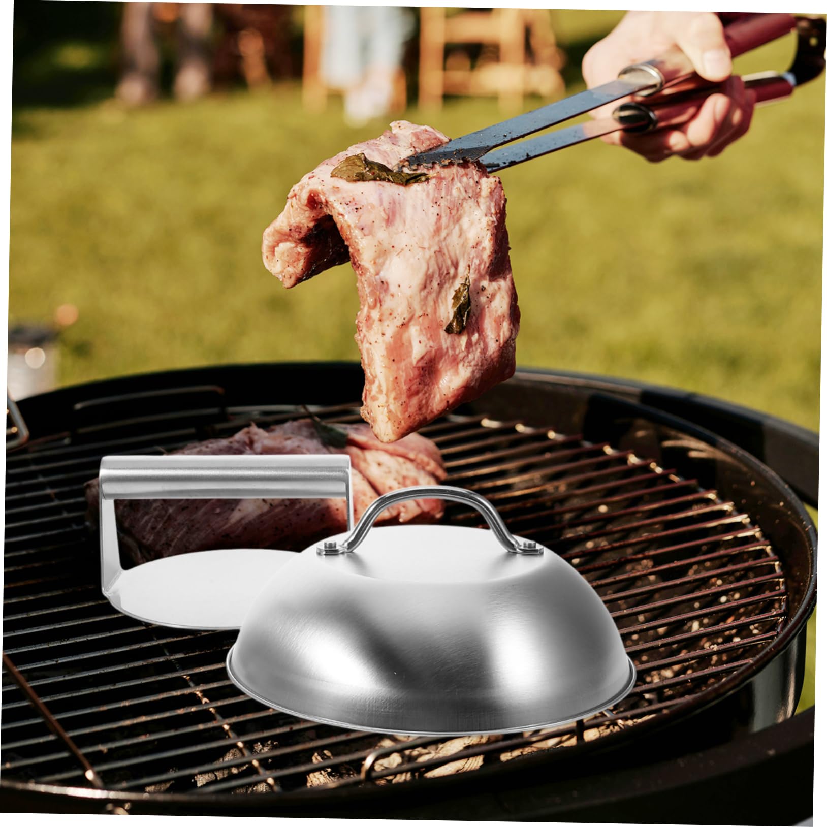 POPETPOP Presse à Griller en Acier Inoxydable Ronde pour Gril Plat avec Cloche à Fromage, Accessoires Polyvalents pour Barbecue Extérieur et Cuisson Facile