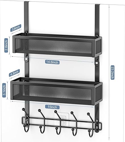 Miniatura 6 de Organizador de ganchos ajustables para colgar sobre la puerta, perchero con 2 cestas de malla y 10 ganchos, organizador de almacenamiento trasero de