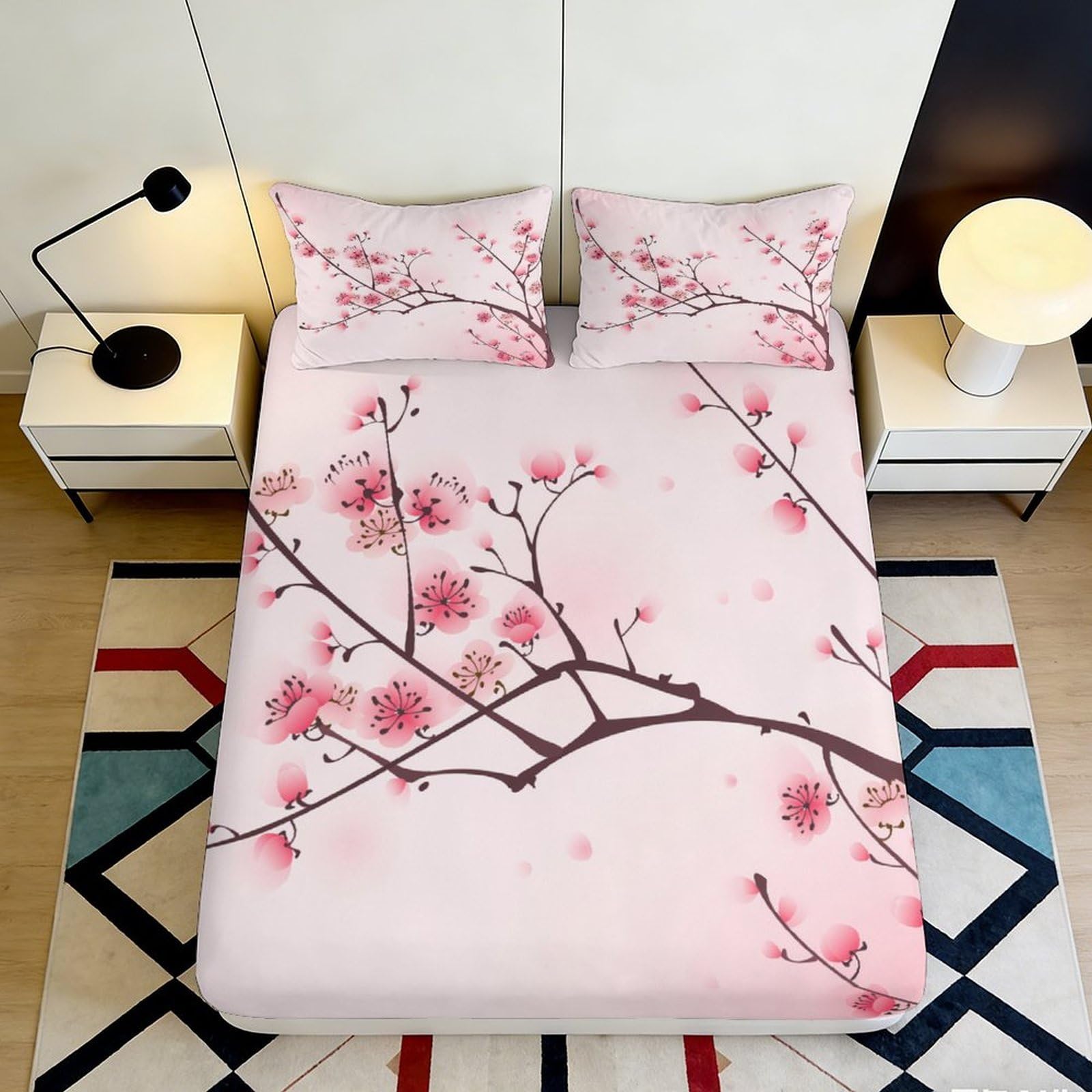3D Printed Cherry Blossom Fitted Sheet Microfiber Deep Pocket Non-Slip Cherry Blossom Mattress Fitted Cover Bedroom Bedding Suitable for Adults Teens 90x200x25cm
