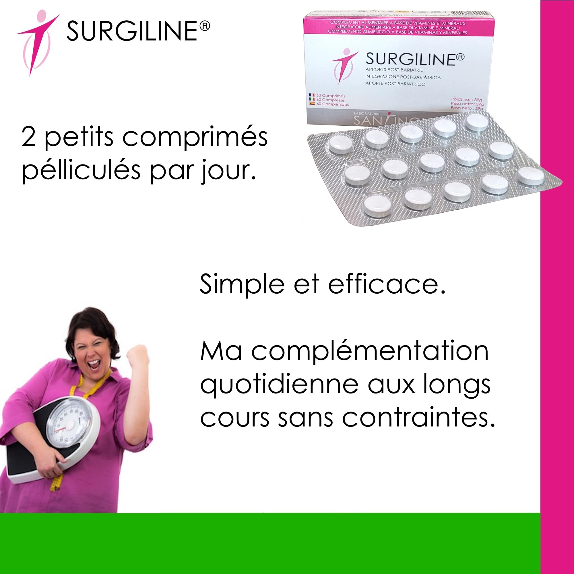 SANTINOV - SURGILINE - Comprimés Post Bariatrie - Sleeve Gastrectomie, by-pass, anneau gastrique - 2 complémentations en une : vitamines et minéraux + magnésium