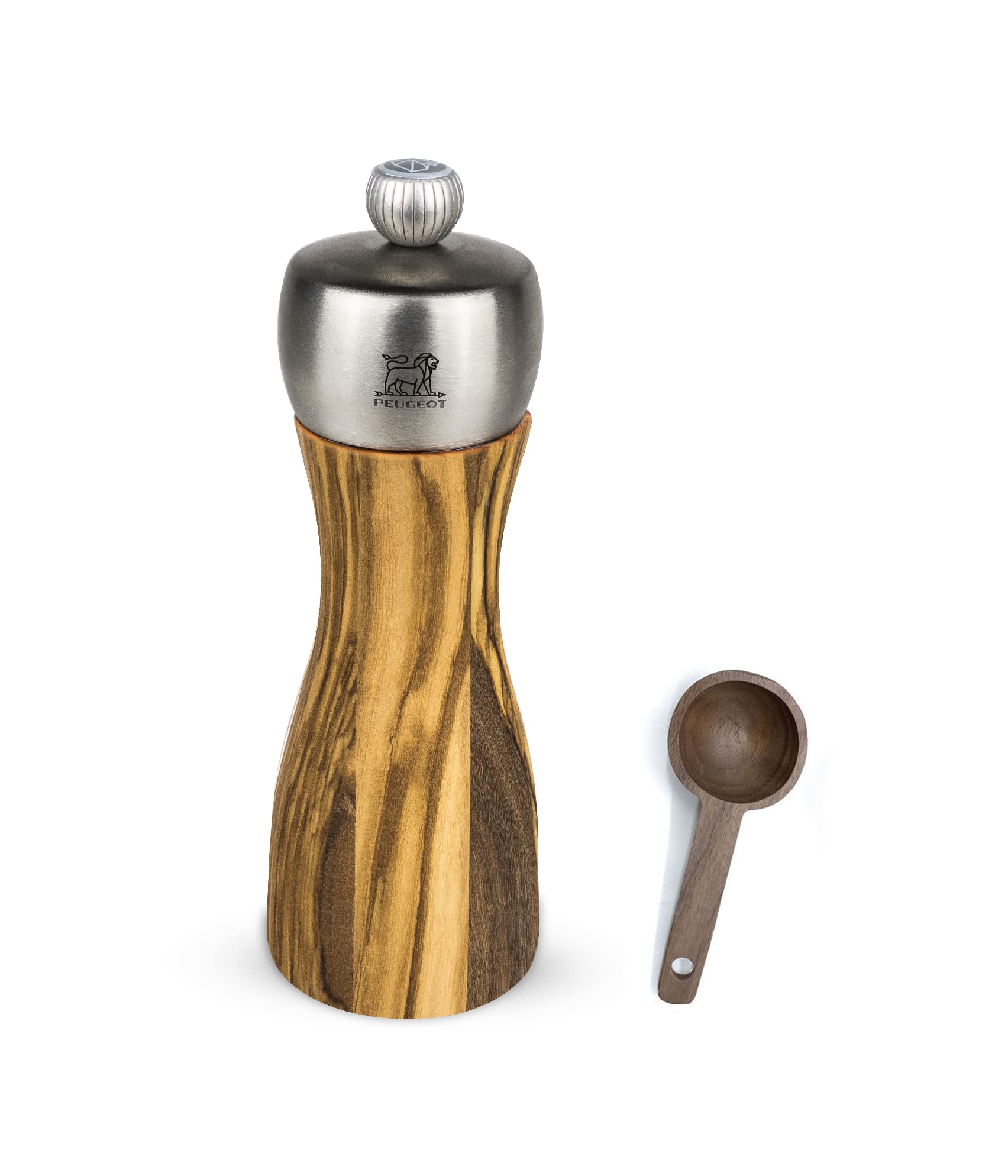Peugeot Classic Fidji Salt Mill Gift Set, Olive Wood, 15 cm - With Wooden Spice Scoop