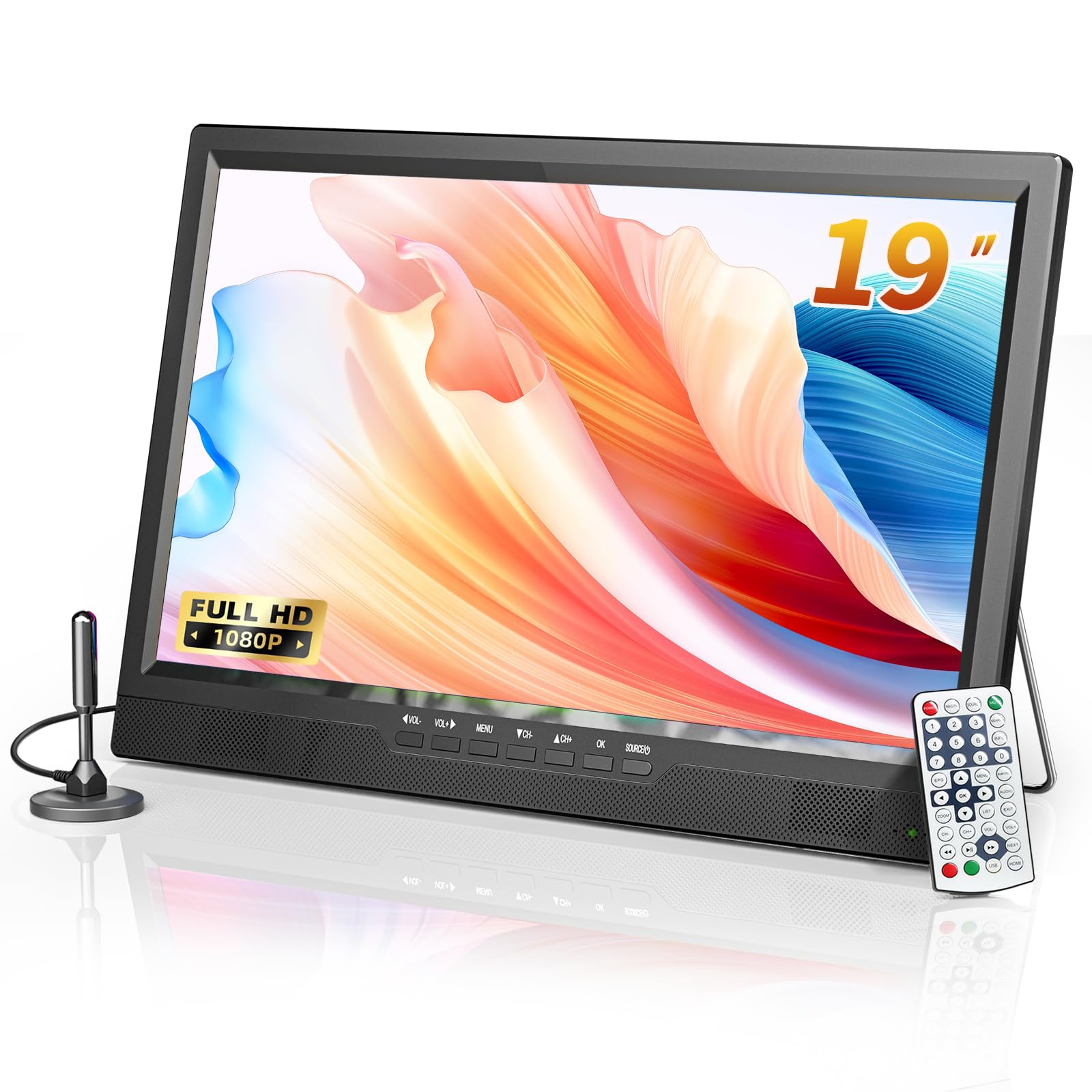 Desobry TV portatile da 19 pollici, piccola Televisión 1080P con Antenna integrata batteria e supporto, sintonizzatore digitale DVB-T2, HDMI AV USB, TV 12volt per camper, cucina, camera da letto