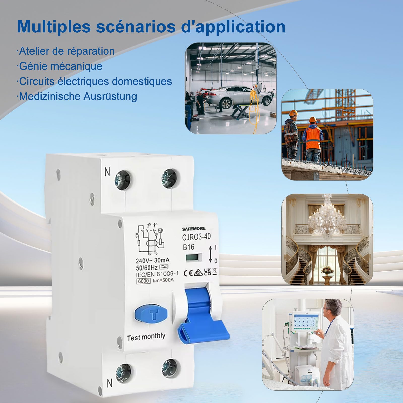 Disjoncteur Différentiel RCBO 16A 1P+N - Type A 30mA Courbe B - Protection 6kA - Interrupteur FI Électromagnétique - Interrupteur Différentiel Haute Sensibilité B16- Pour Circuit