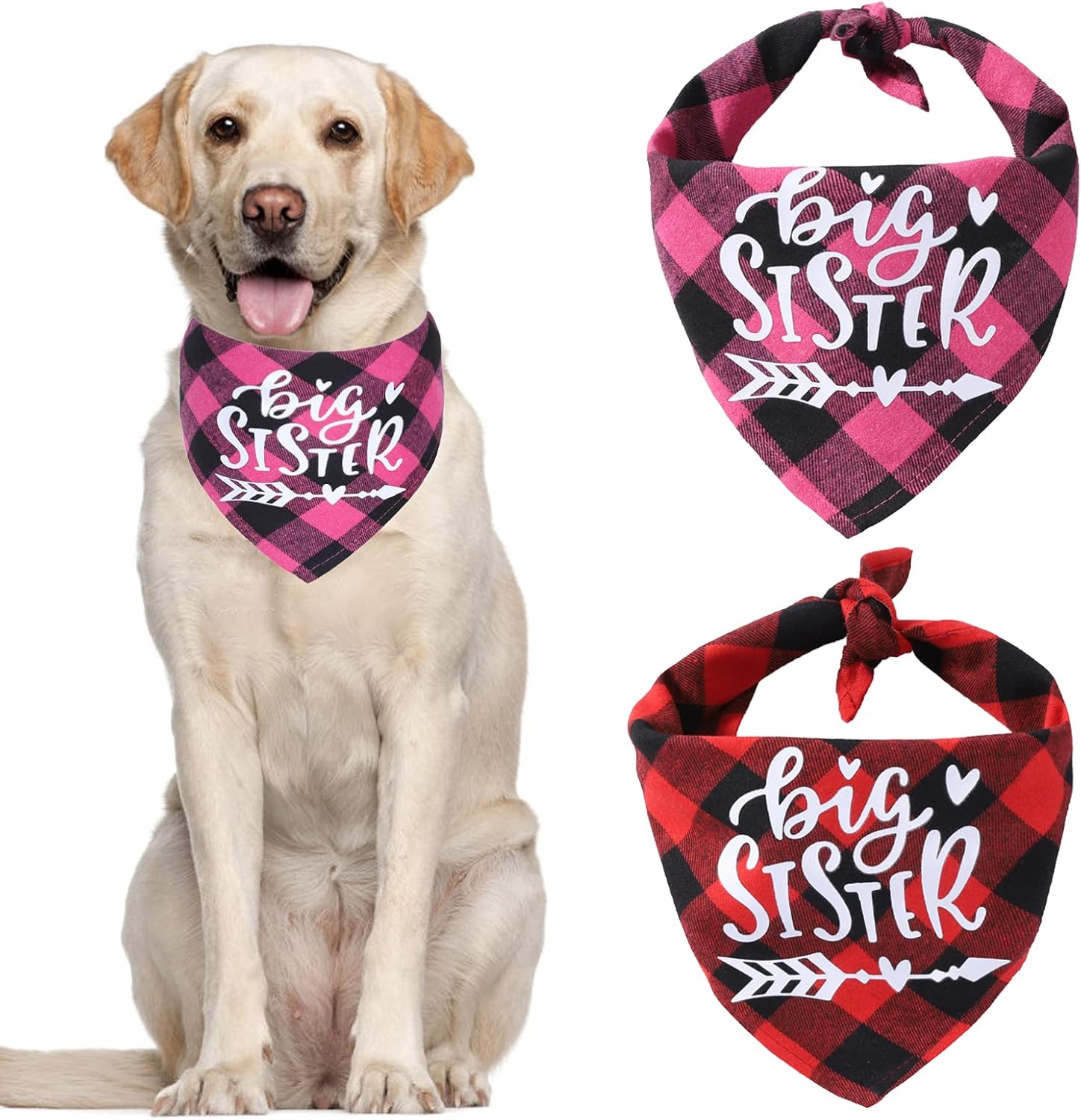 HACRAHO Pañuelo de tela escocesa para perro, 2 paquetes de suave algodón Big Sister, pañuelo ajustable triángulo para mascotas pequeñas y medianas mascotas, rosa rojo y rojo