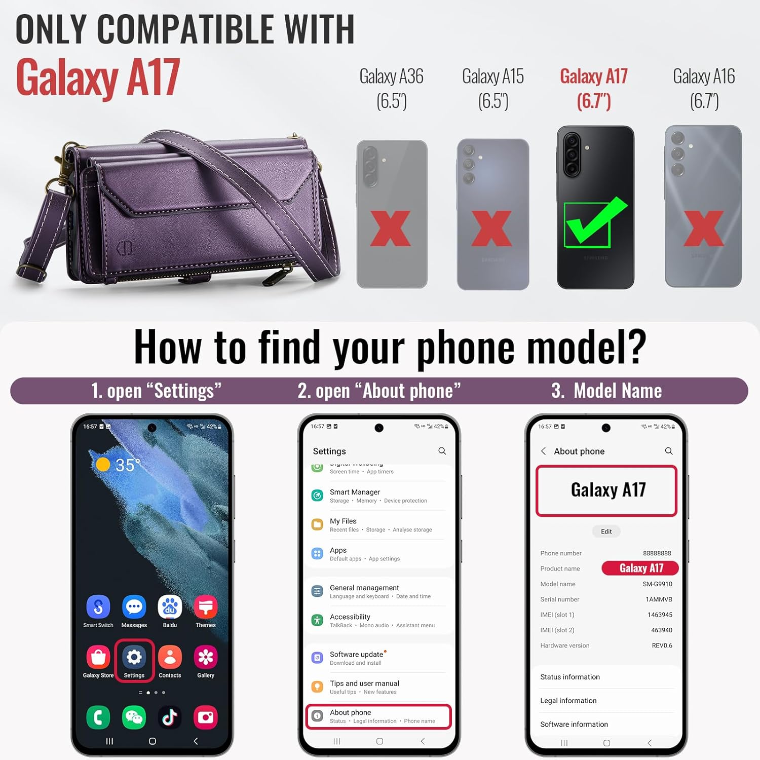 Strapurs Wallet Case Compatible with Samsung Galaxy A17 5G RFID Blocking Card Holder Soft PU Leather Magnetic Snap Shoulder Strap Zipper Pocket Phone Case Fit for Galaxy A17 6.7" - Purple