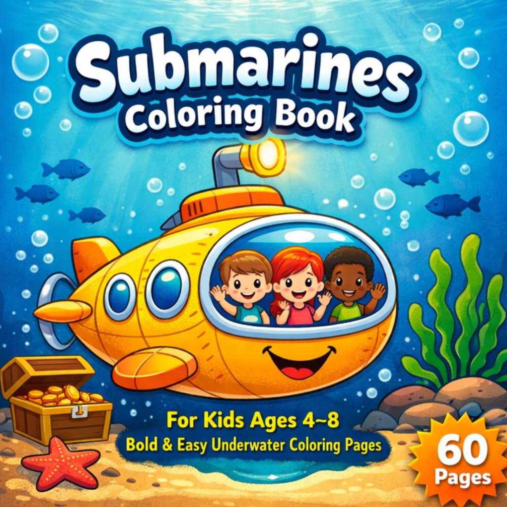 Submarines Coloring Book for Kids Ages 4–8: Bold & Easy Underwater Coloring Pages for Toddlers and Preschoolers