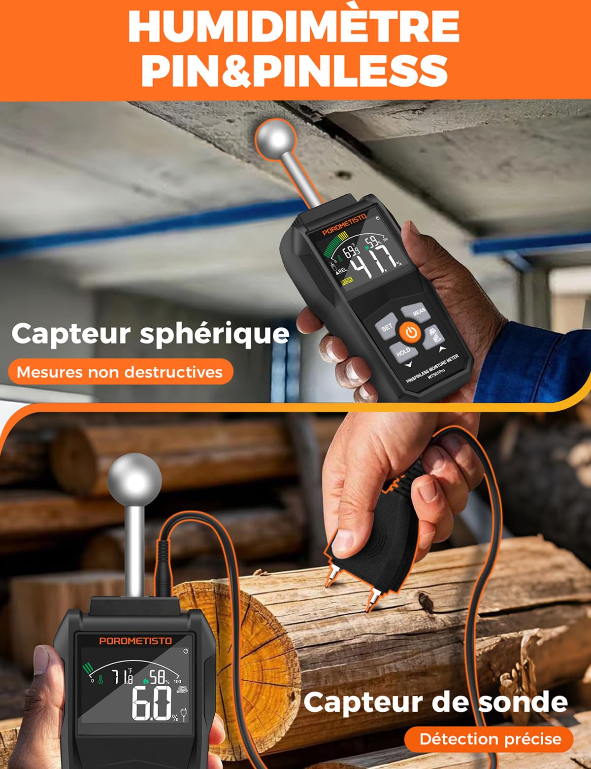 2 en 1 Testeur Humidité Sondes Sphérique et à Aiguilles,POROMETISTO | Testeur Humidité Mur de qualité industrielle,Testeur Humidité Bois, Détecte 20-40 mm Pour Bois,Mur,Plâtre,Parquet